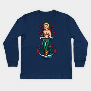 American Traditional Nautical Mermaid and Anchor Kids Long Sleeve T-Shirt